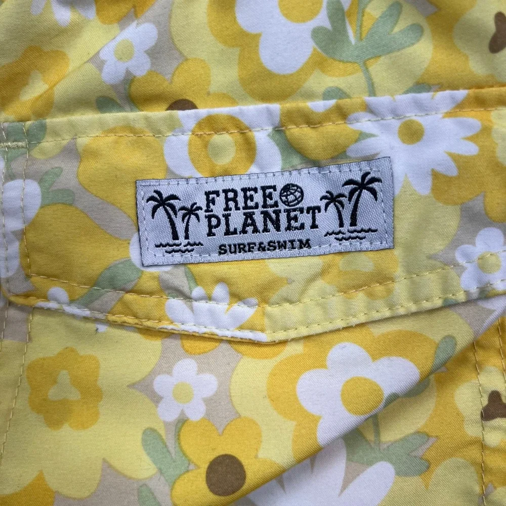 Free Planet Swim Trunks Mens XL Yellow Floral Retro Board Shorts 6in Inseam